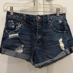 Fashion Nova Dark Blue Distressed Jean Shorts